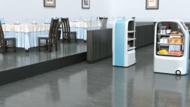 Restoranda çalışan yemek dağıtım robotları. Dokunulmaz teslimat konsepti. 3B canlandırma canlandırması. 