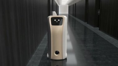Teslimat robotu otele paket getiriyor. Dokunulmaz teslimat konsepti. 3B canlandırma canlandırması.