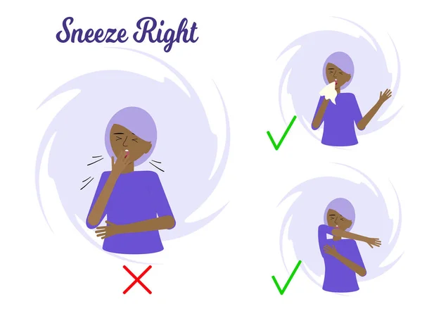 How Sneeze Coronovirus Pandemic Woman Sneezes Elbow Scarf — Stock Vector