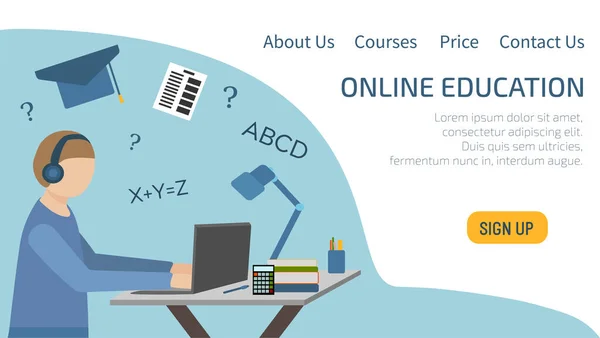 Online eğitim sayfasına iniyor. Bir genç kulaklıkla oturur ve bilgisayar başında ders çalışır..