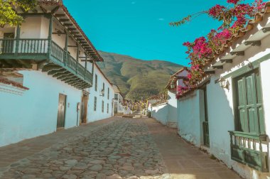Calle de Villa de Leyva con buganviles y balcn