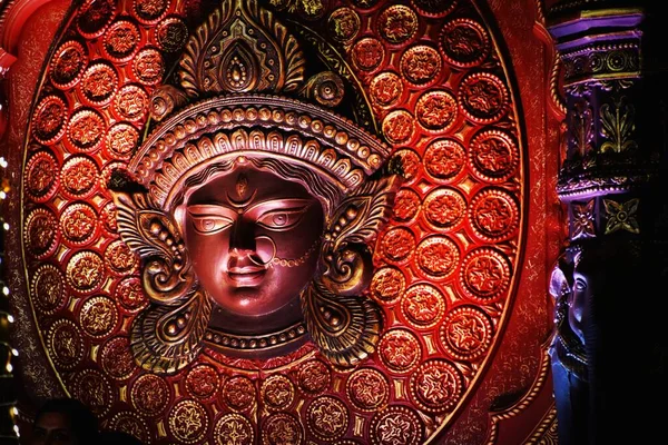 Обличчя Богині Дурґи Великий Зразок Індійського Мистецтва Пандалі Дурґа Пуджа — стокове фото