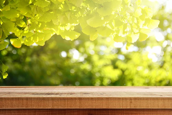 Mesa de madera y desenfoque hermoso ginkgo hojas de fondo . — Foto de Stock