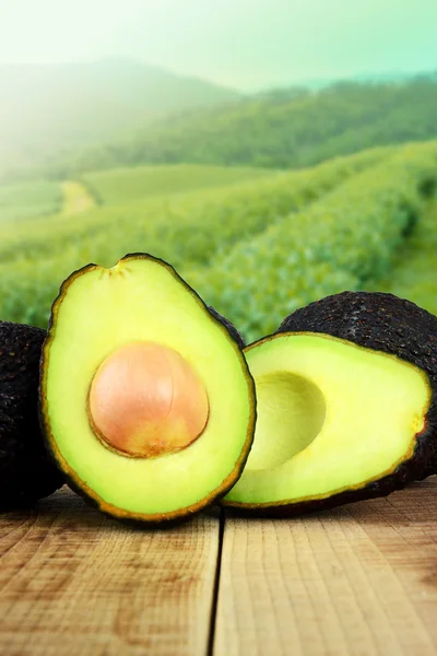 Avocado on wooden and blur garden background.