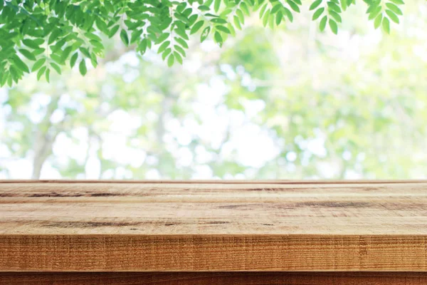 Wooden Table Blurred Green Leaves Nature Background — 스톡 사진