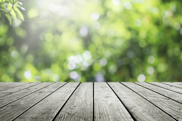 Tavolo Legno Sfocato Fresco Giardino Natura Bokeh Sfondo — Foto Stock