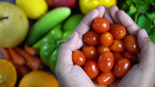将新鲜的有机樱桃西红柿放在有水果和健康食品背景的妇女手上和蔬菜上 — 图库视频影像