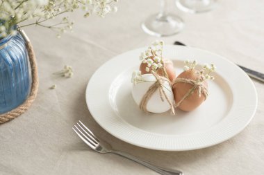 Mutlu Paskalyalar! Paskalya masasının dekorasyonu ve servis edilmesi için beyaz gypthe ve beyaz tabaklar.