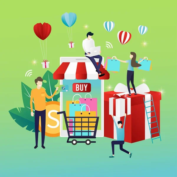 Online Shopping Illustration Concept Marketing Online Mobile App Website Online — Stock Vector