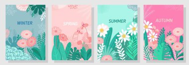 Vector set sezon elementi veya doğa arka planı, kış, bahar, yaz, sonbahar, bayrak, kapak, şablonlar, posterler. 