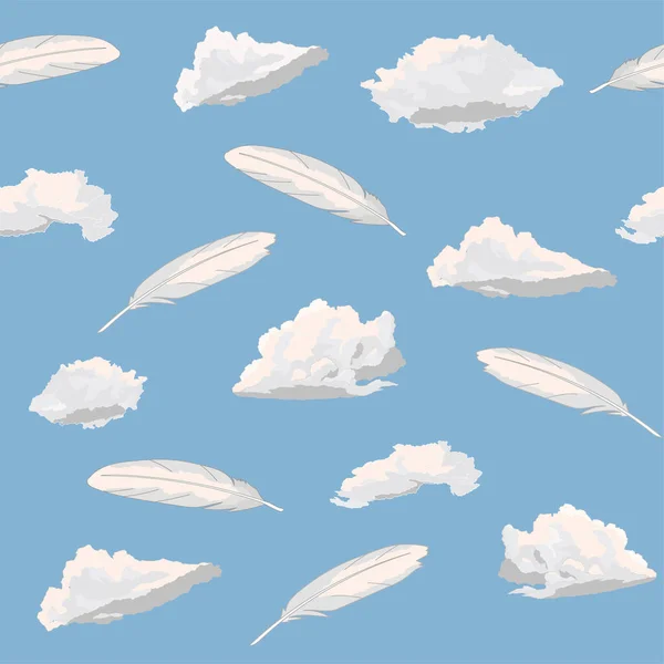 Modèle Répétitif Sans Couture Nuages Plumes Sur Fond Bleu — Image vectorielle