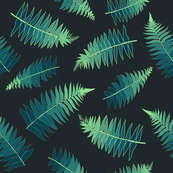 Seamless Repeating Pattern Fern Leaves Black Background — Stock Vector