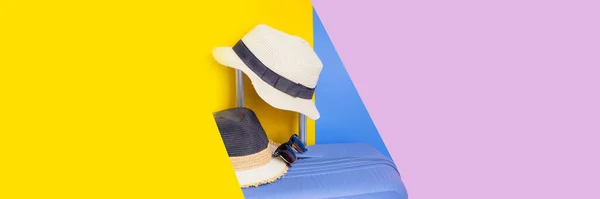 Colorful Summer Travel Concept Modern Blue Luggage Two Vintage Summer — Stock Photo, Image