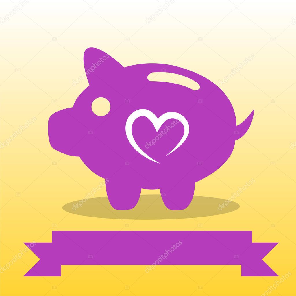 Vector image of purple piggy bank against yellow background