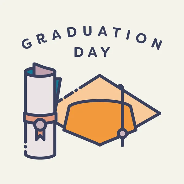 Vector image of graduation cap and degree with text graduation day — Stock Vector