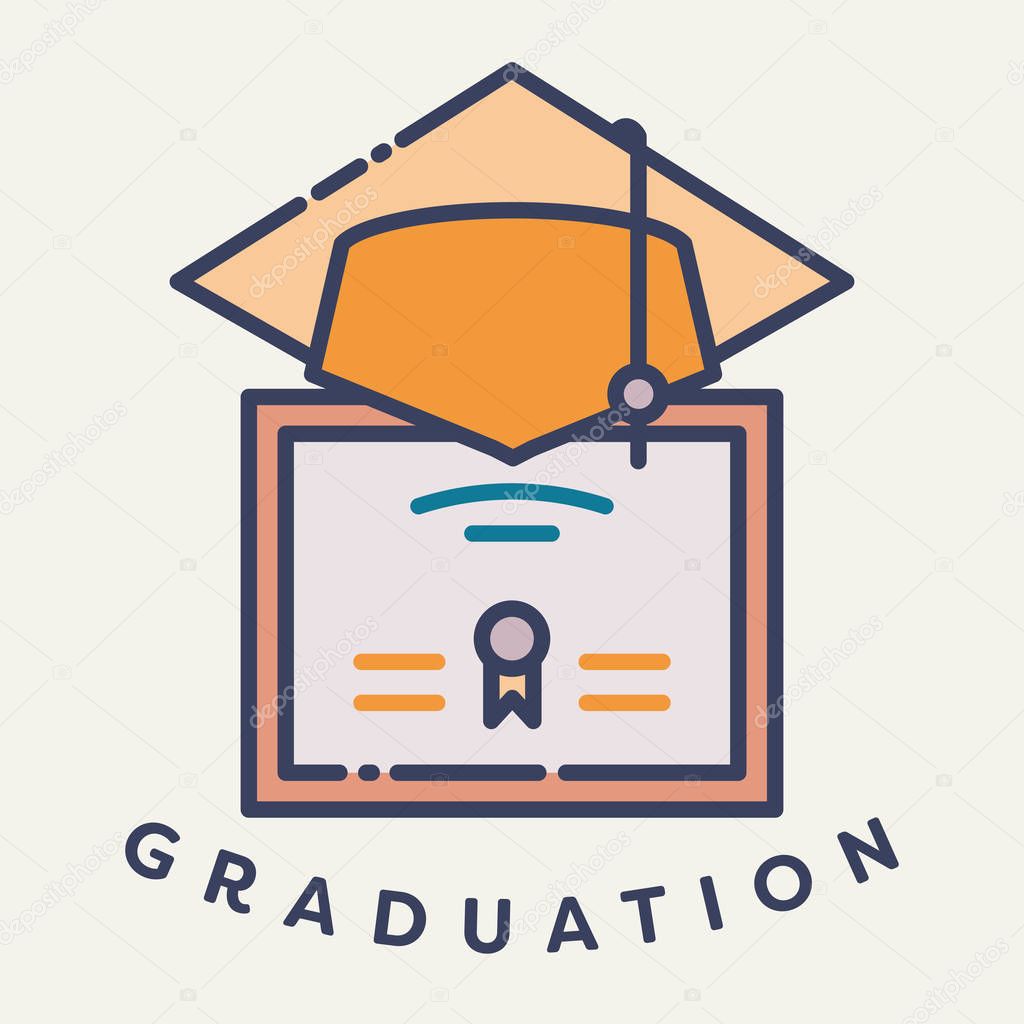 Vector image of graduation cap and degree with text graduation day against white background
