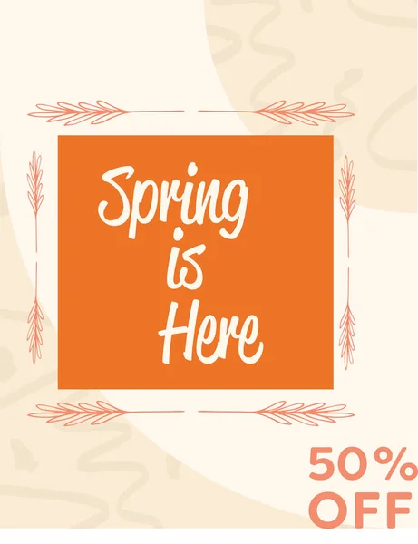 Tarjeta de felicitación con la primavera está aquí 50% fuera del mensaje — Archivo Imágenes Vectoriales