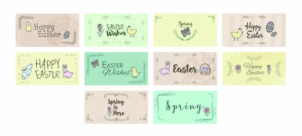 Conjunto de ícones vetoriais de cartões com mensagens de Páscoa e primavera — Vetor de Stock