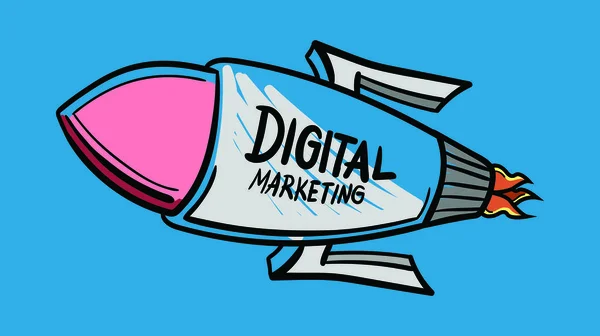 Icono vectorial de cohete con marketing digital en texto — Vector de stock