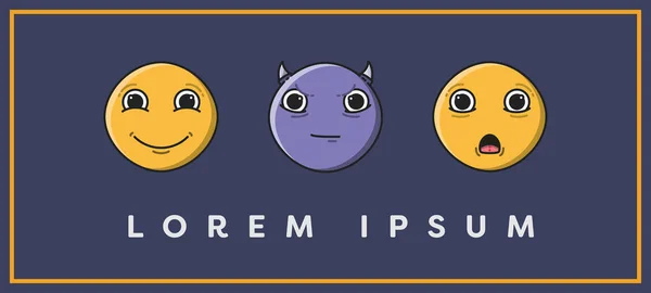 Kaart met glimlachen, duivel, triest emoji en tekst lorem ipsum — Stockvector