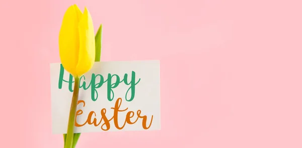 Saludo de Pascua contra tulipán con tarjeta —  Fotos de Stock