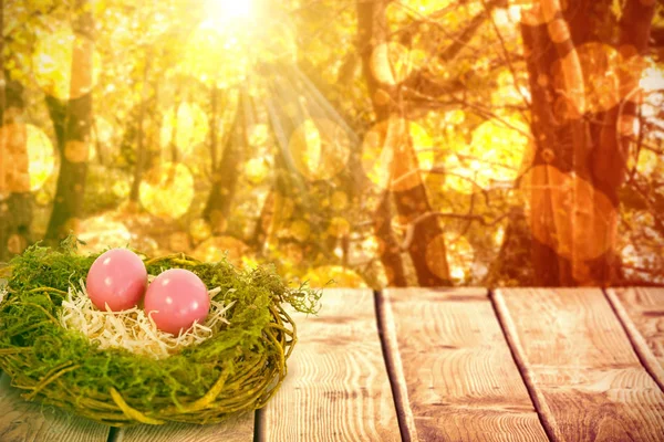 Huevos de Pascua rosados en nido artificial — Foto de Stock
