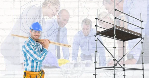 Builder with wood beside 3D scaffolding — Stock Photo, Image