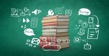 Kitap simgeleri tarafından çevrili dijital bileşik görüntü