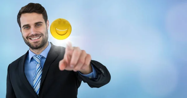 Homem de negócios, tocando o emoji — Fotografia de Stock