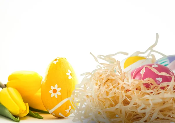 Sarı çiçek ve Paskalya yortusu yumurta — Stok fotoğraf