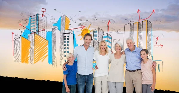 Digitální složený obraz šťastná rodina s budov proti obloze — Stock fotografie