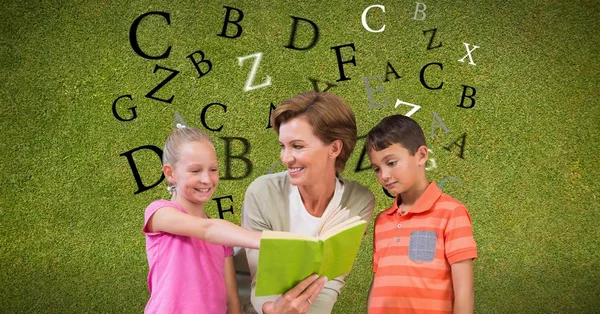 Students with books against letters flying — Stock Photo, Image