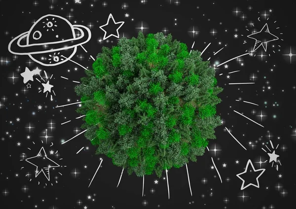 Terra albero 3D con sfondo spaziale e pianeta grafico — Foto Stock