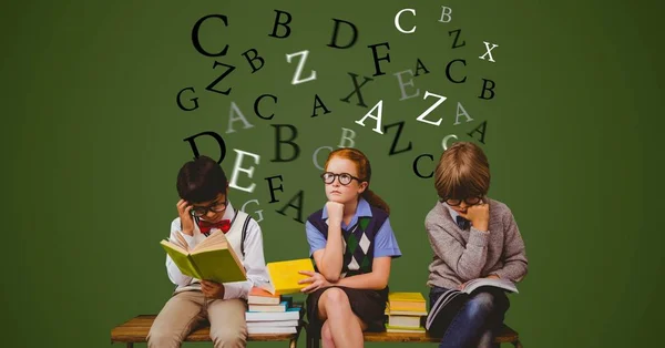 Students with books and flying letters — Stock Photo, Image
