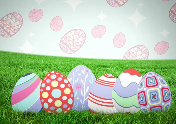 Huevos de Pascua sobre hierba con patrón —  Fotos de Stock