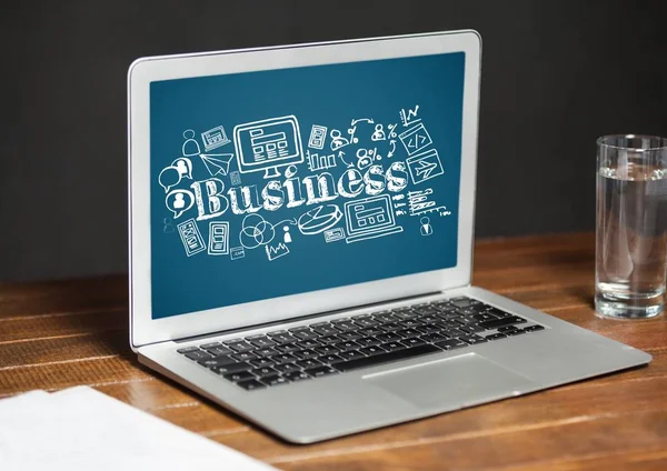 Laptop zeigt weiße Business-Doodles — Stockfoto