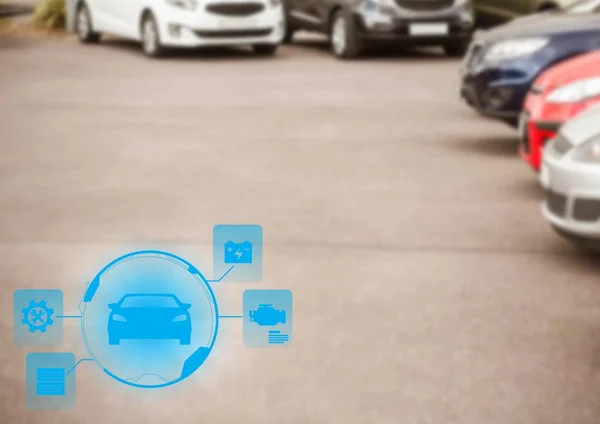 Автомобілі в парковці з синім інтерфейсом — стокове фото