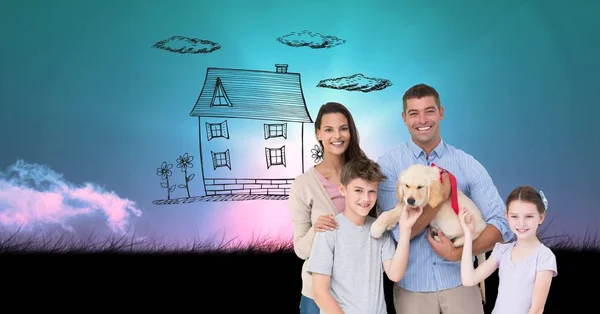 Familie und Hund mit Haus in den Himmel gezeichnet — Stockfoto