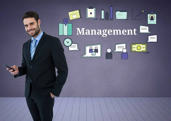 Uomo d'affari con telefono e testo di gestione — Foto Stock