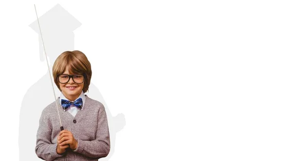 Digitalt genererade bilden av leende pojke holding stick med skuggan av doktorand i bakgrunden — Stockfoto