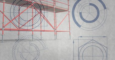 3D kırmızı iskele whit gri arka plan