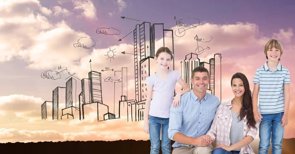 Familia feliz con edificios en el cielo — Foto de Stock