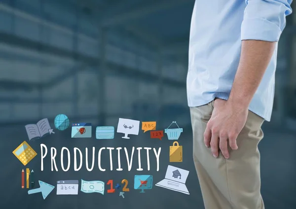 Muž, který stojí s produktivity textu s grafikou kresby — Stock fotografie