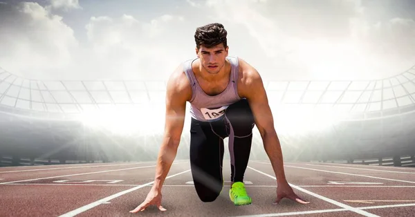 Imagen generada digitalmente del atleta masculino en el punto de partida en la pista de carreras —  Fotos de Stock