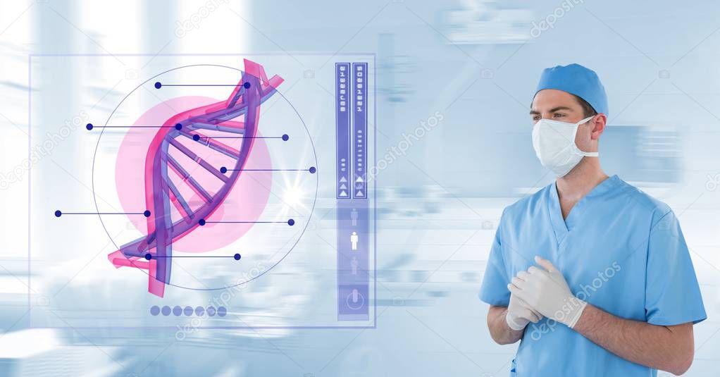 Doctor wearing mask while analyzing DNA structure