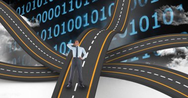 Dijital olarak oluşturulan ikili sayılar karşı dalgalı yolda işadamı görüntüsü