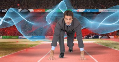 Arka plan dalga desenli başlangıç çizgisine adlı işadamı dijital bileşik görüntü