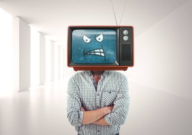 Kızgın adam elleriyle katlanmış. TV kafa