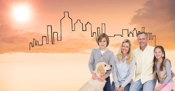 Digital imagem composta de família feliz com cão contra edifícios desenhados — Fotografia de Stock