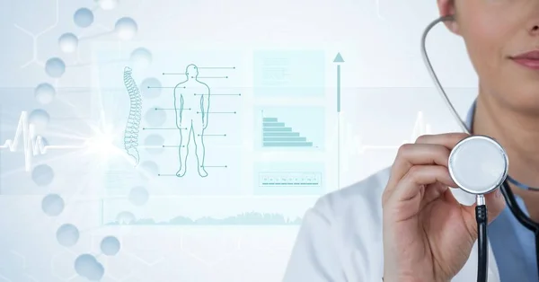 Digitale Composietbeeld van vrouwelijke arts met de stethoscoop door diagrammen en grafieken op achtergrond — Stockfoto